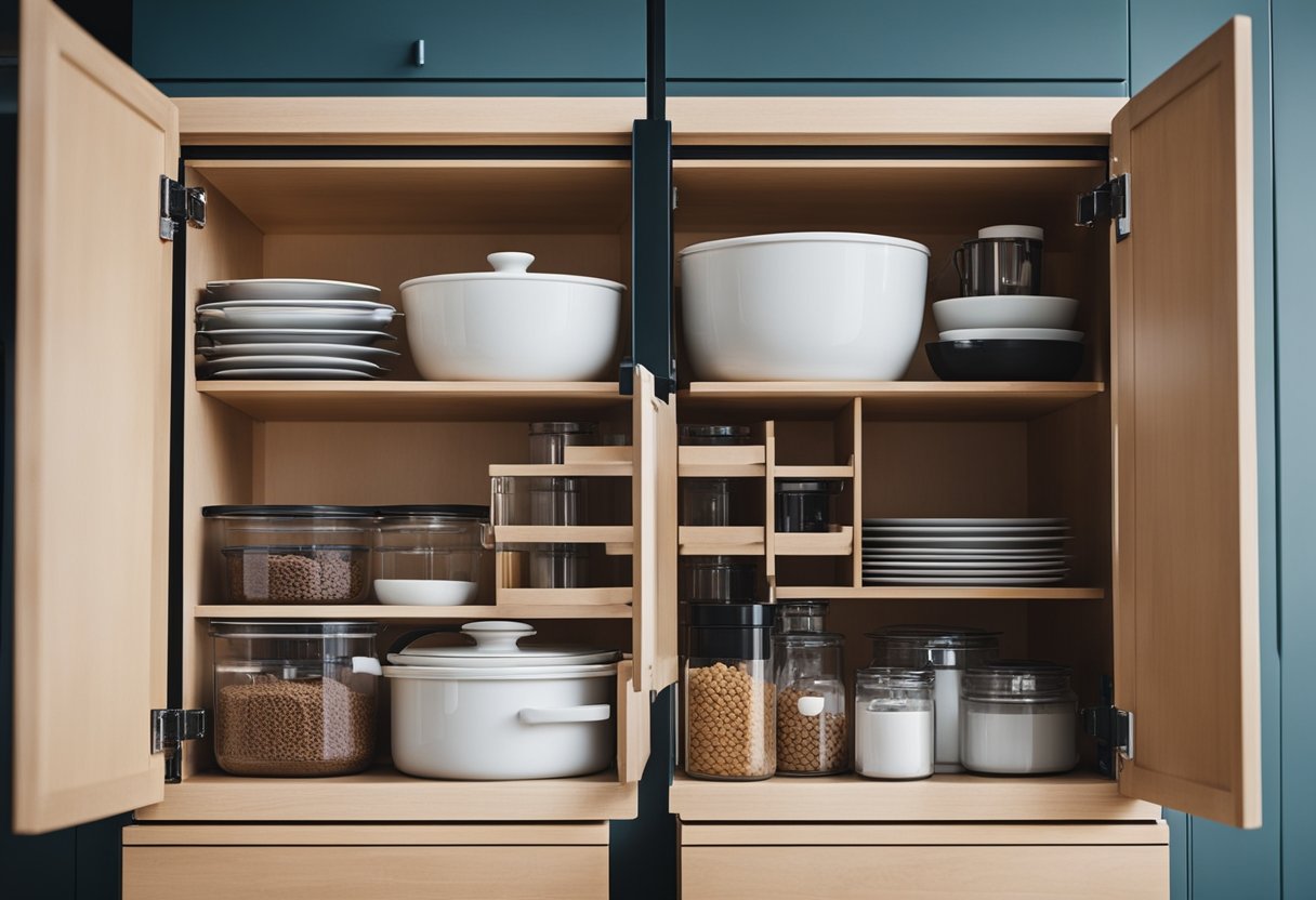 A kitchen cabinet with open doors showcasing organized interior storage and labeled compartments