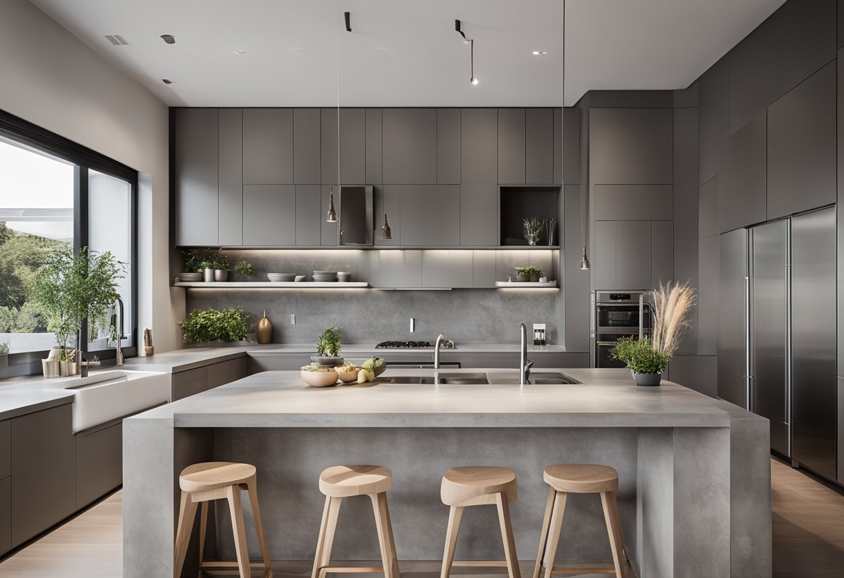 A modern kitchen with sleek concrete countertops, minimalist cabinetry, and integrated appliances. A large island provides ample workspace and seating for entertaining