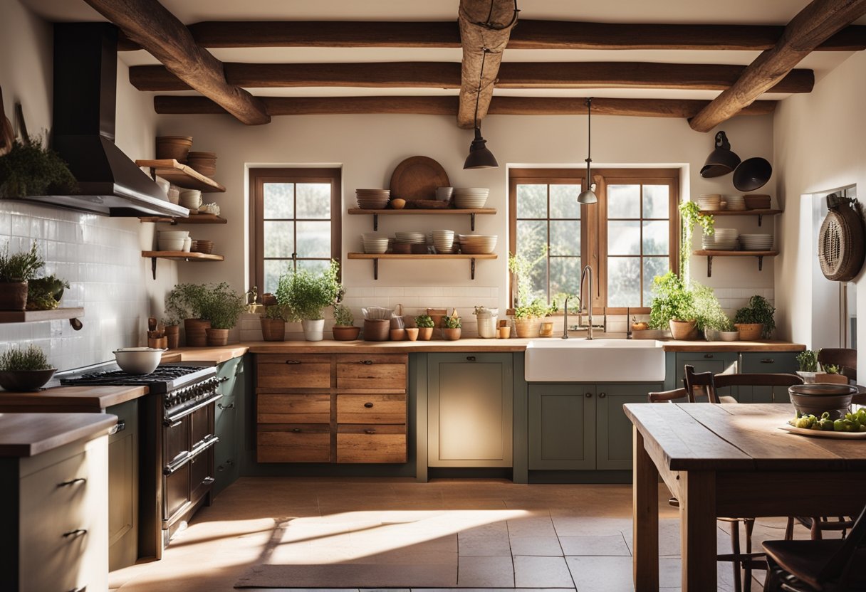 A rustic country kitchen with exposed wooden beams, farmhouse sink, open shelving, and a vintage stove. Sunlight streams through the window, illuminating the cozy space