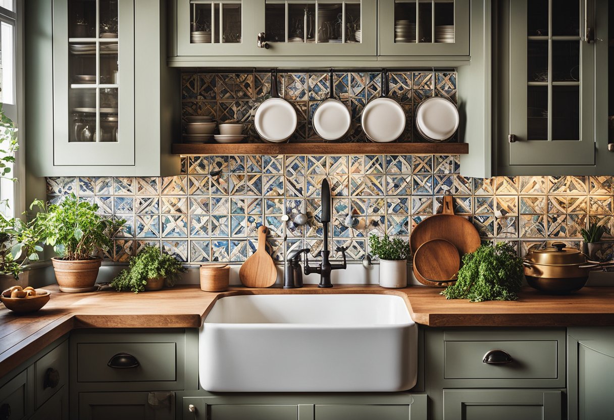 A cozy kitchen with vintage cabinets, a farmhouse sink, and a patterned tile backsplash. A hanging pot rack and wooden countertops complete the classic design