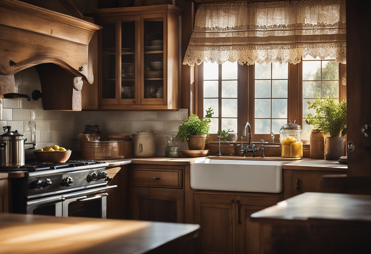 A cozy country kitchen with rustic wooden cabinets, a farmhouse sink, and a vintage stove. Sunlight streams in through lace curtains, highlighting the warm, inviting atmosphere