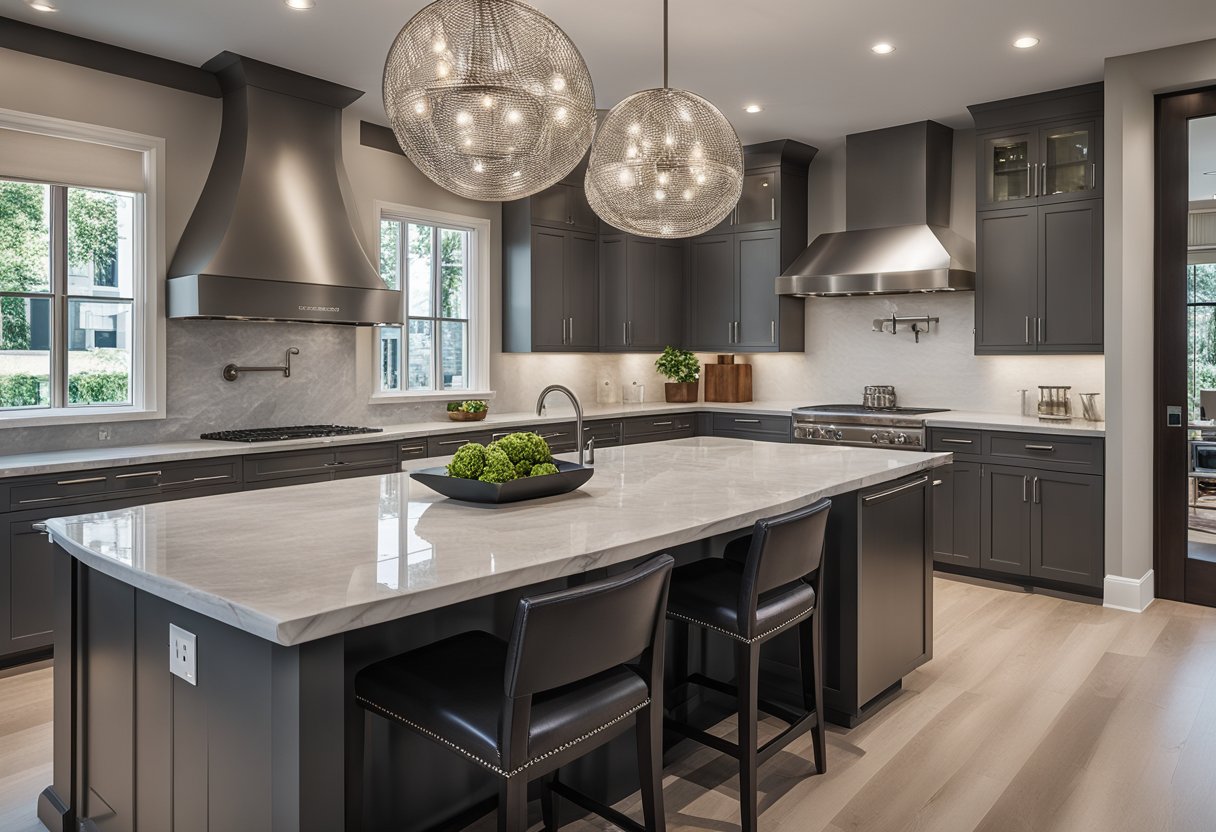 A spacious, modern kitchen with marble countertops, sleek stainless steel appliances, and a large island with stylish pendant lighting