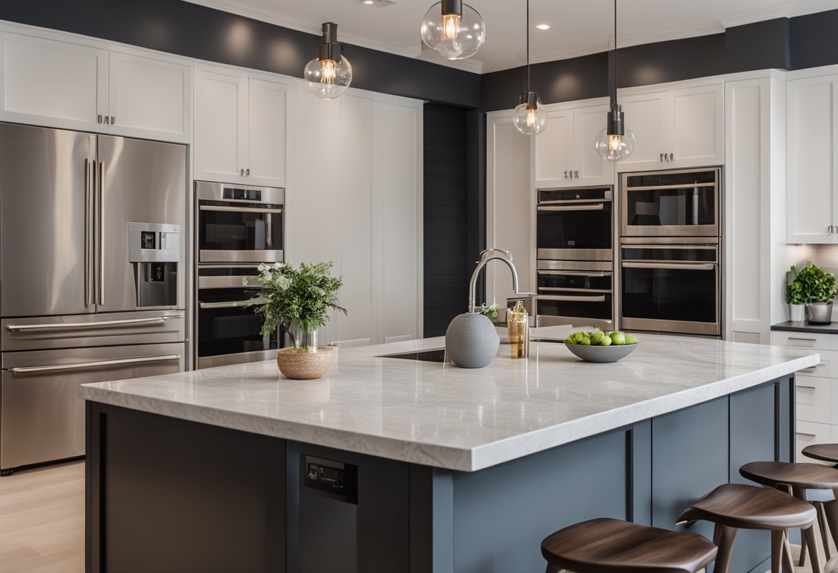 A spacious, well-lit kitchen with sleek, modern appliances and minimalist cabinetry, accented by natural stone countertops and a stylish, functional island