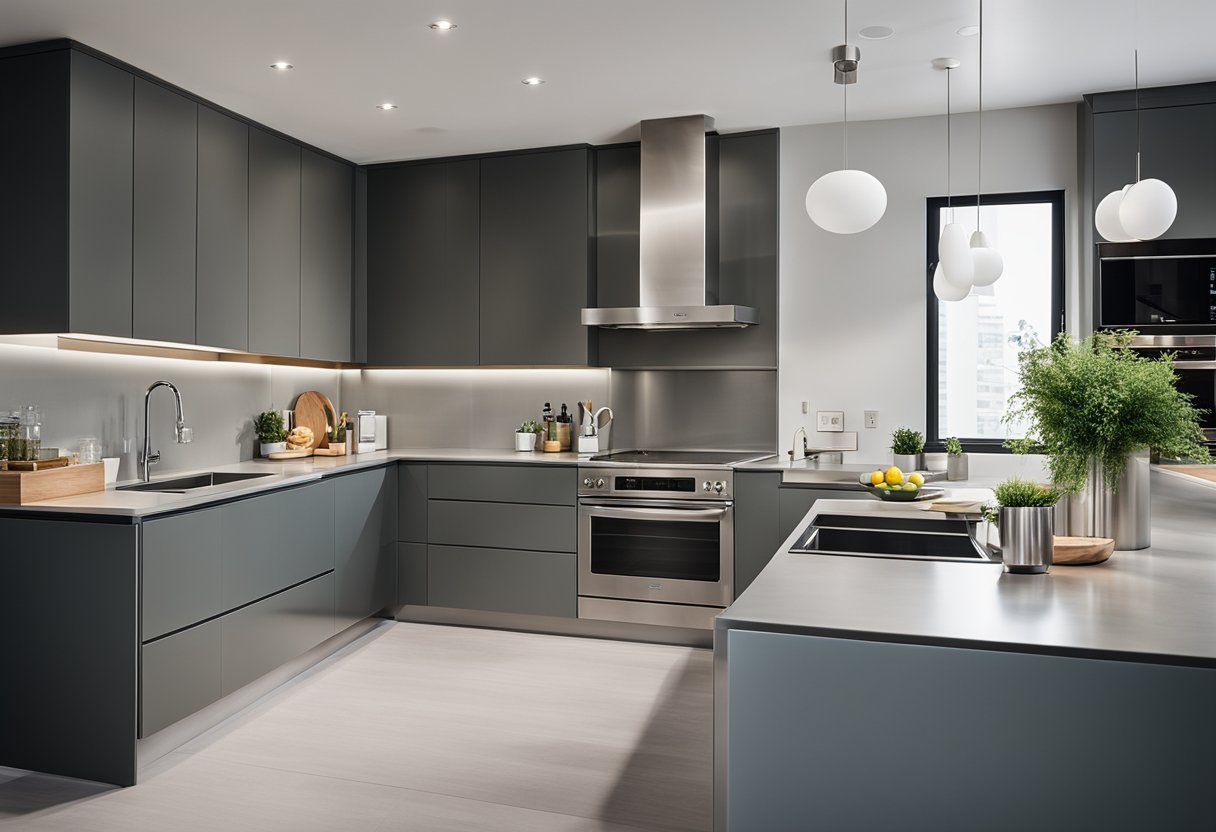 A sleek, modern kitchen with flat cabinets, stainless steel appliances, and a minimalist color palette