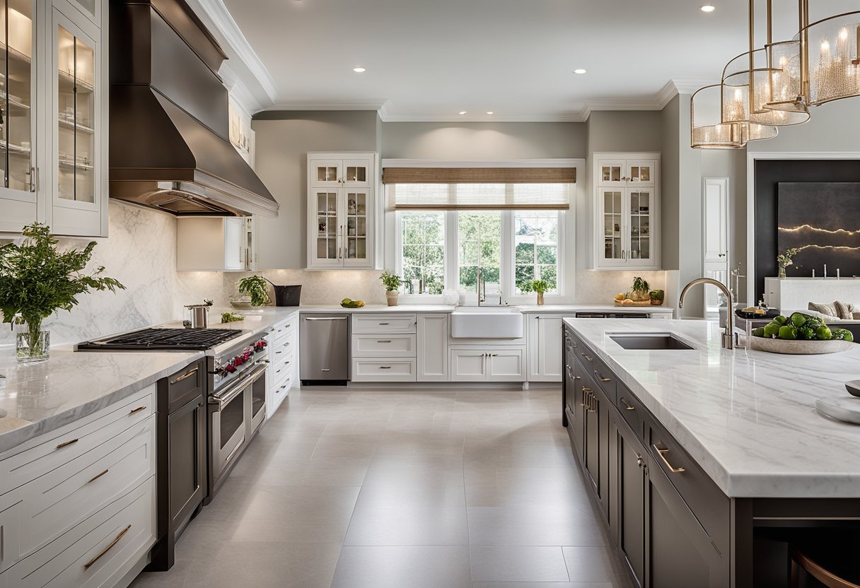 A spacious, modern kitchen with sleek, high-end appliances, marble countertops, and custom cabinetry. The room is bathed in natural light, showcasing the elegant and luxurious design