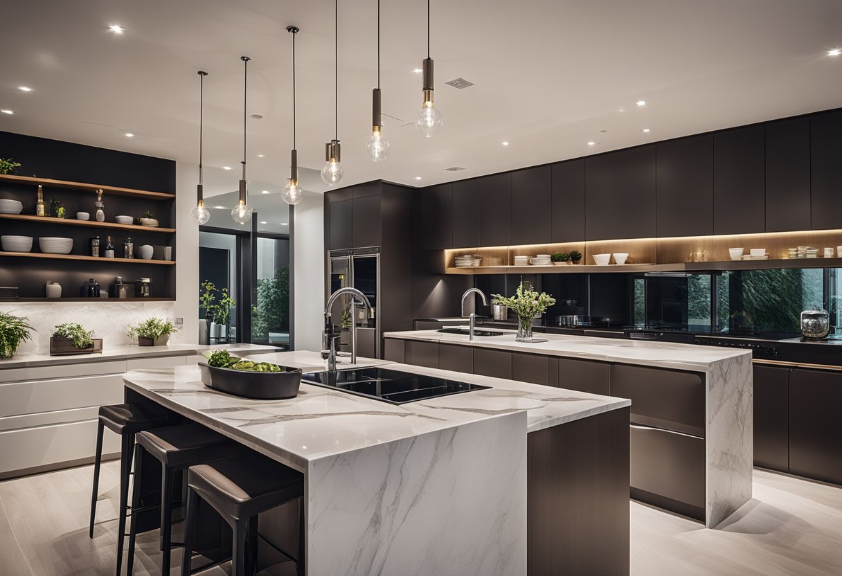 A sleek, modern kitchen with marble countertops, stainless steel appliances, and minimalist decor. A large island with bar stools and pendant lighting