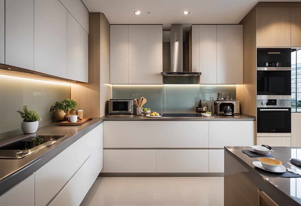 A spacious HDB kitchen with modern appliances, sleek countertops, and ample storage. Bright lighting and a neutral color scheme create a welcoming atmosphere