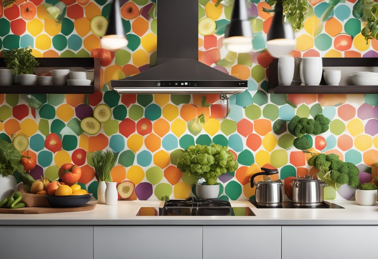 A modern kitchen with sleek countertops, hanging pendant lights, and a vibrant backsplash mural of fruits and vegetables