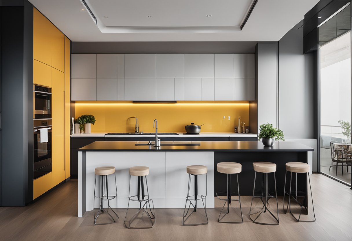 A modern kitchen with sleek, minimalist design. Clean lines, stainless steel appliances, and a pop of color from abstract art on the walls
