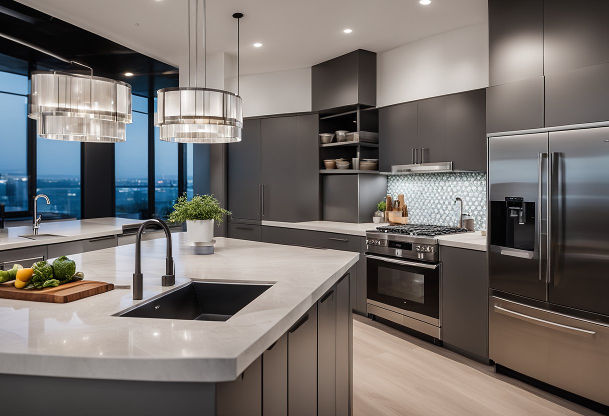 A sleek, modern kitchen with clean lines, stainless steel appliances, and minimalist cabinetry. The focus is on functional details and stylish elements, such as a sleek backsplash and integrated lighting