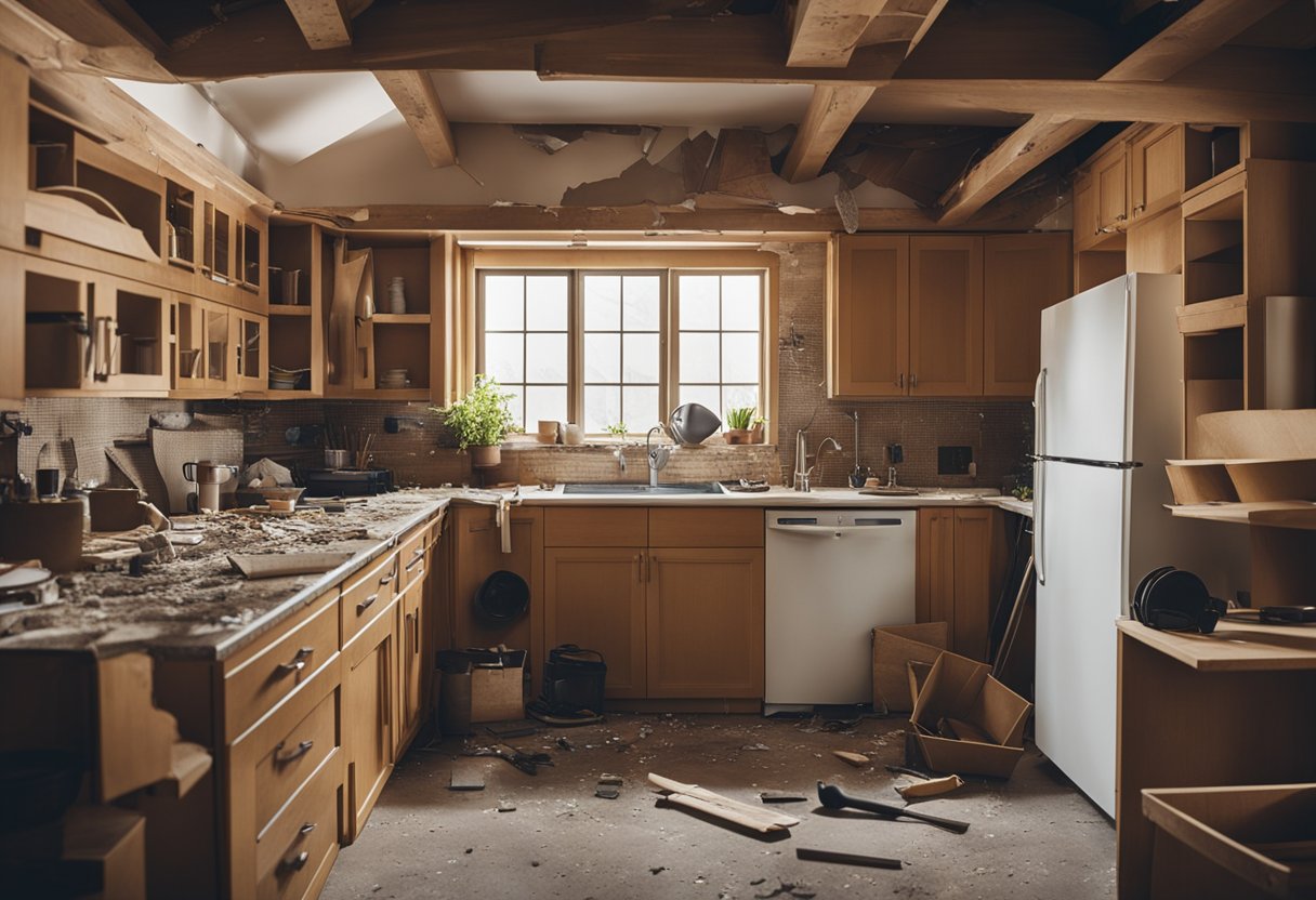 A cluttered kitchen with tools and materials scattered about, a wall being torn down, and new cabinets being installed