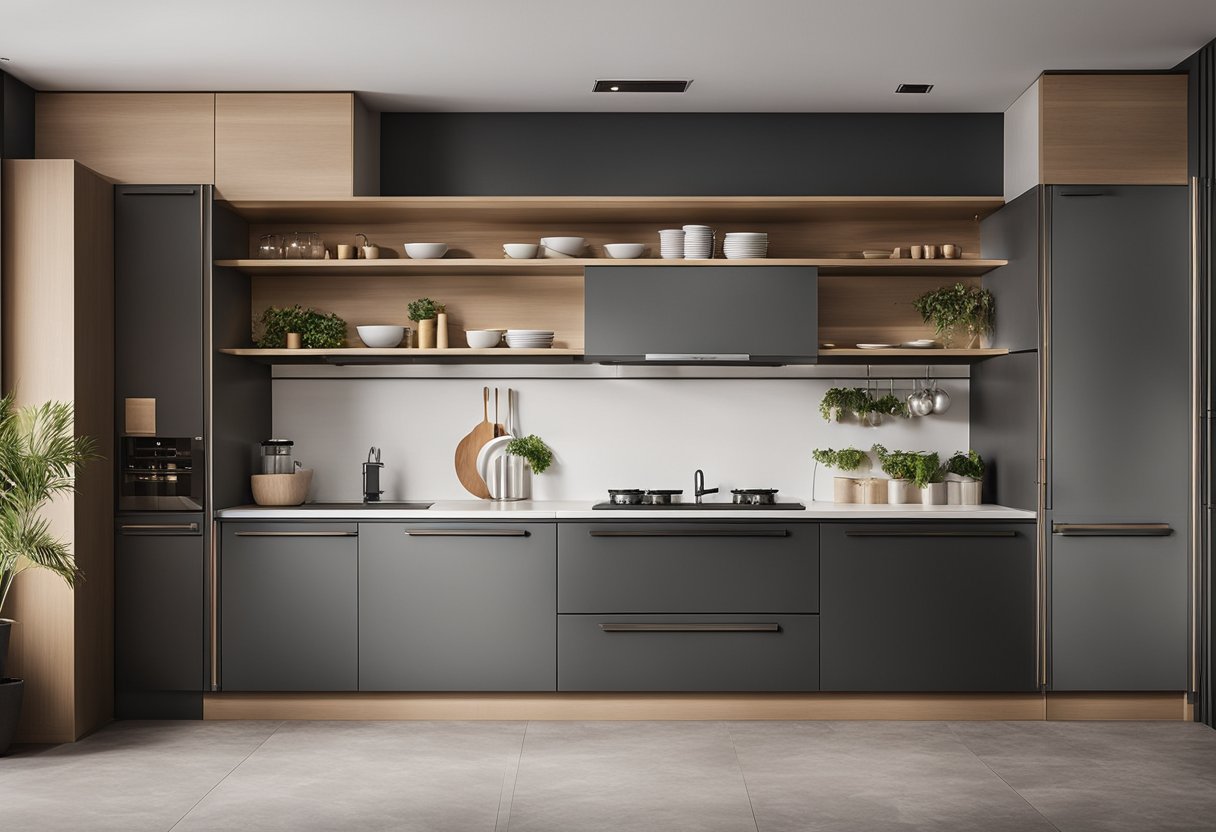 A modern kitchen corner cabinet with sleek, minimalist design, featuring clean lines and a mix of open and closed storage compartments