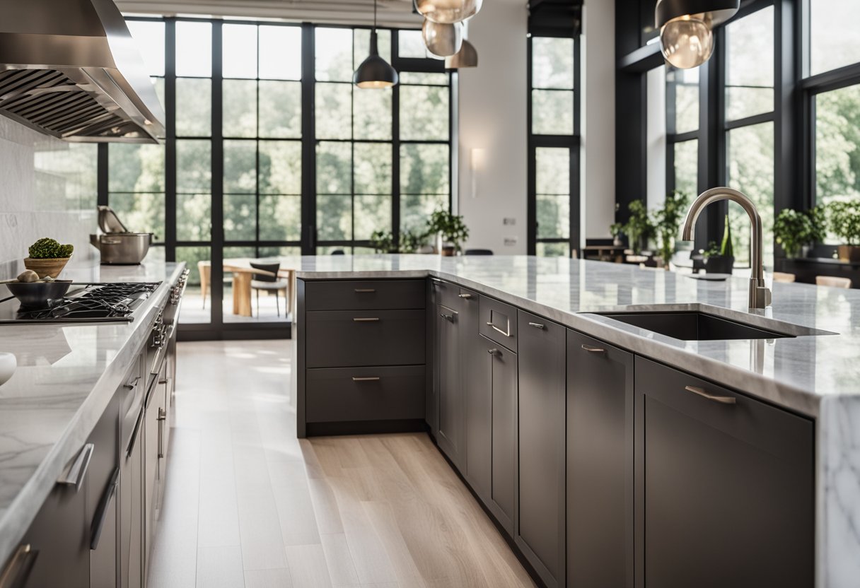 A modern kitchen with sleek cabinets, marble countertops, and stainless steel appliances. The space is filled with natural light from large windows, and there is a cozy breakfast nook in the corner