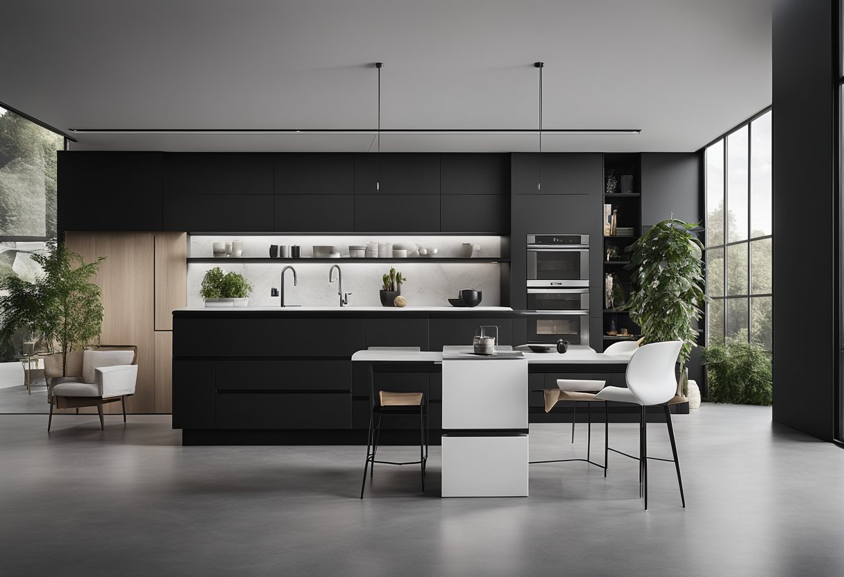 A sleek black kitchen cabinet with modern design, featuring clean lines and minimalistic hardware