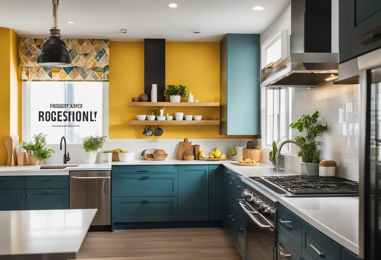 A modern kitchen with a clean, organized layout. Bright colors and bold typography highlight "Frequently Asked Questions" in the design
