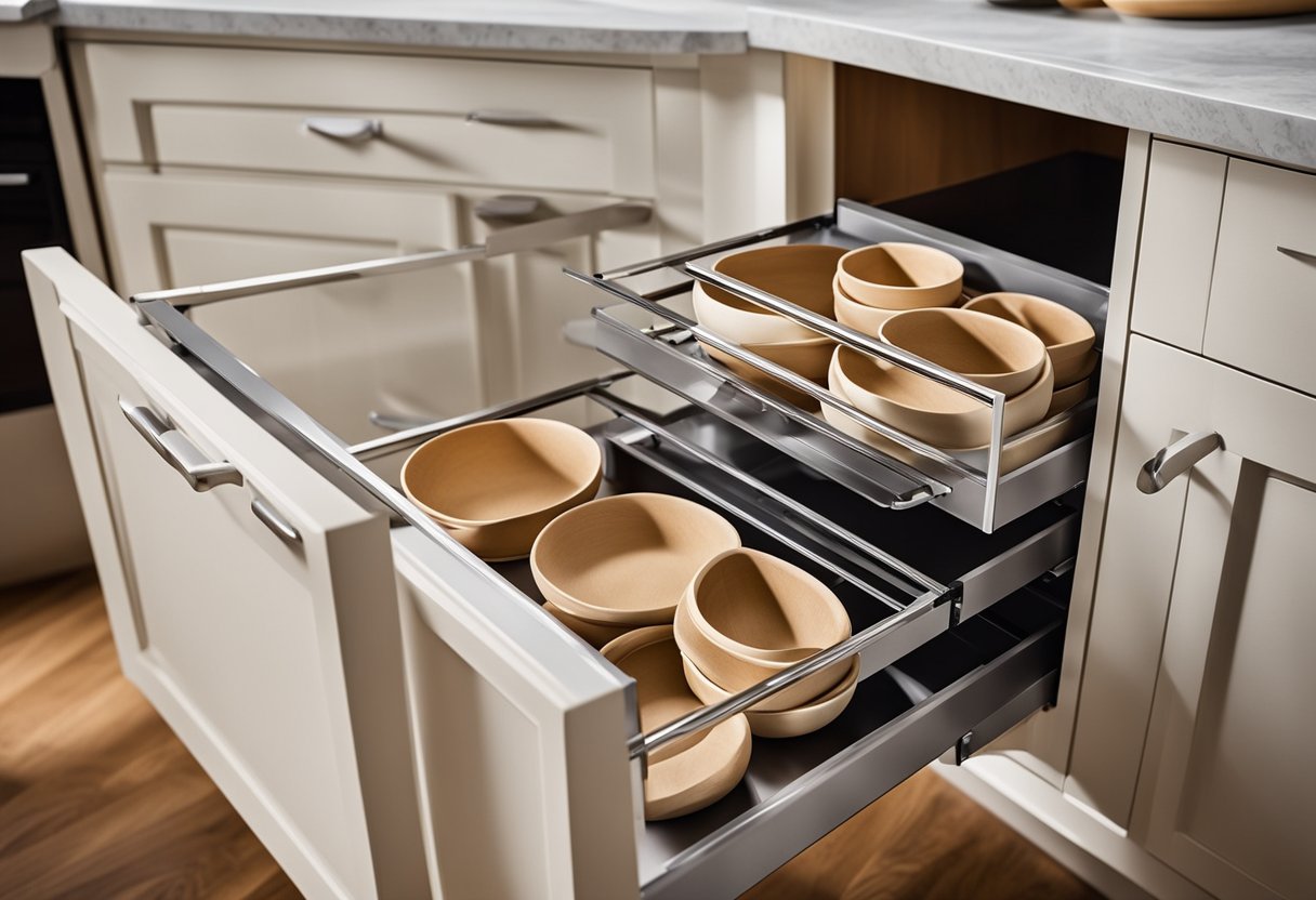 A corner kitchen cabinet with pull-out shelves and rotating trays for maximum storage and accessibility