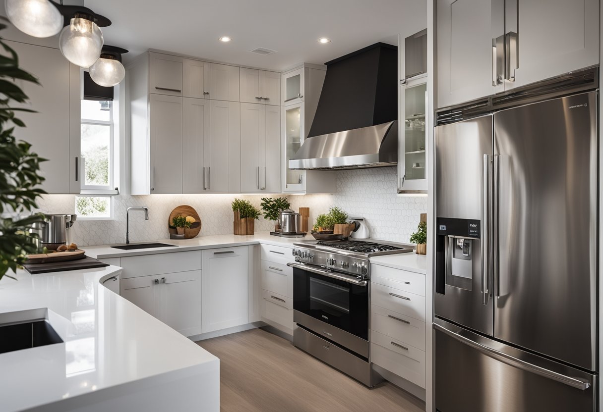 A modern kitchen with FAQ poster, sleek appliances, and clean countertops