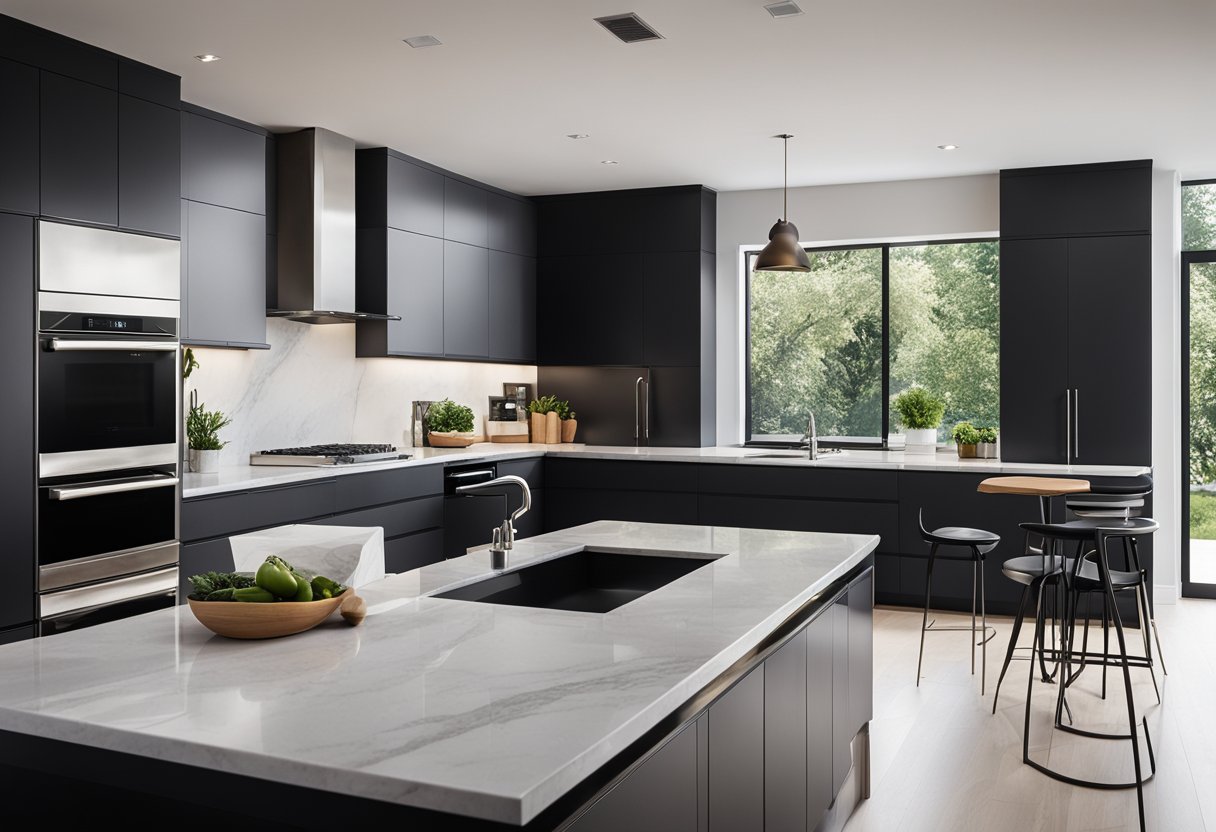 A modern kitchen with sleek black cabinets, stainless steel appliances, and marble countertops. A large window lets in natural light, illuminating the minimalist design