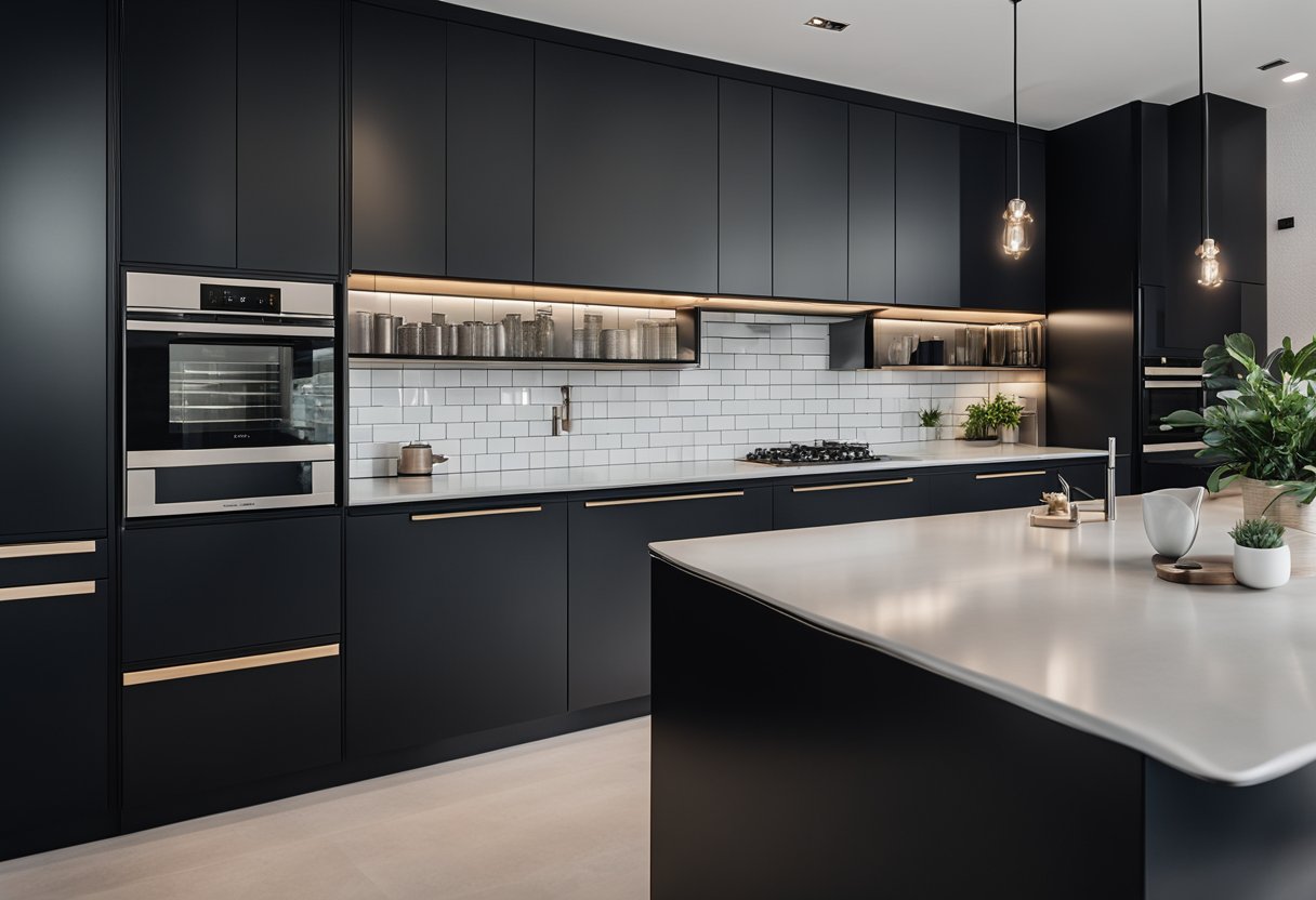 A sleek black kitchen cabinet design with modern handles and glass panels, showcasing organized and stylish kitchen accessories