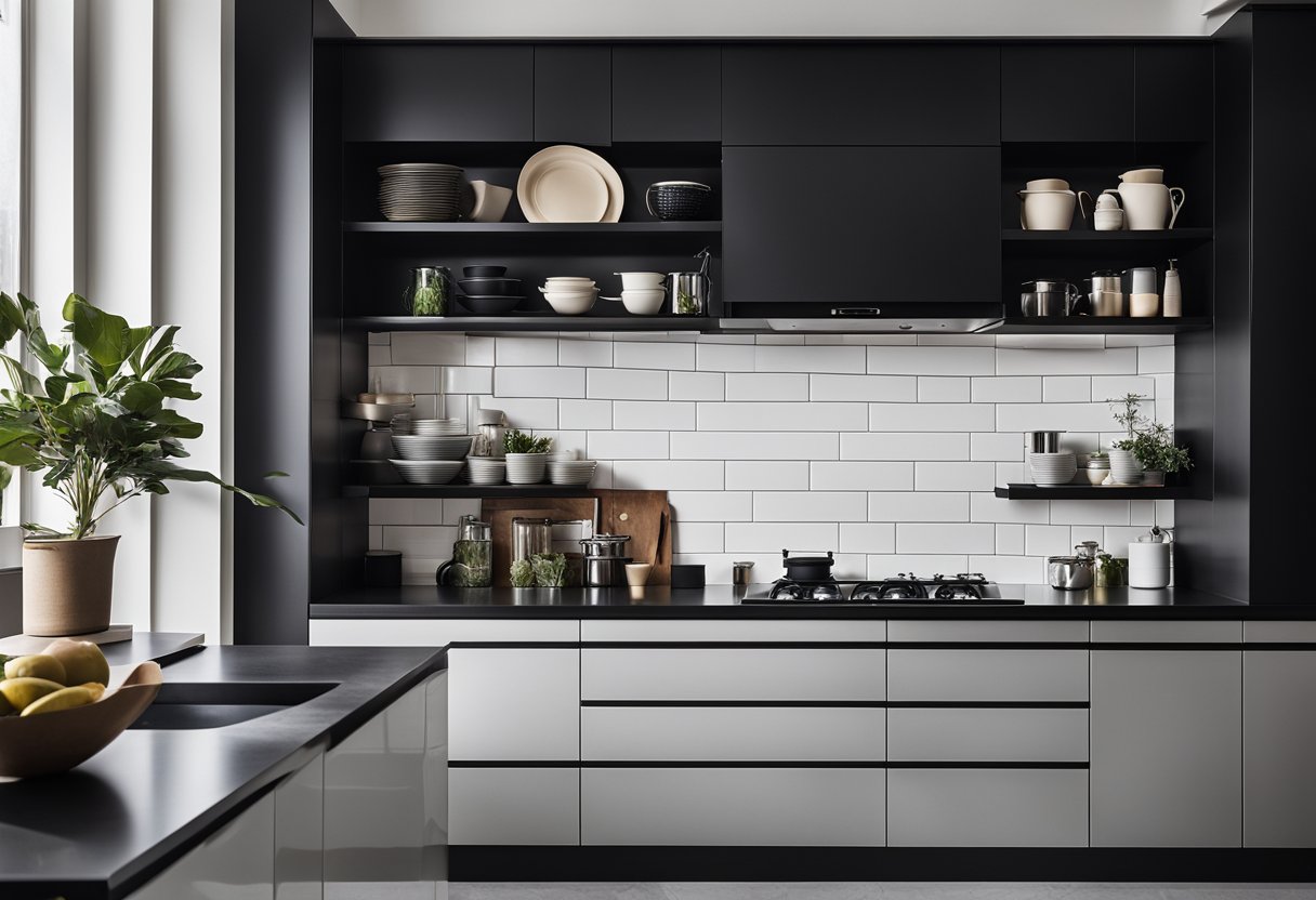A sleek black kitchen cabinet stands against a white wall, with organized shelves and modern hardware