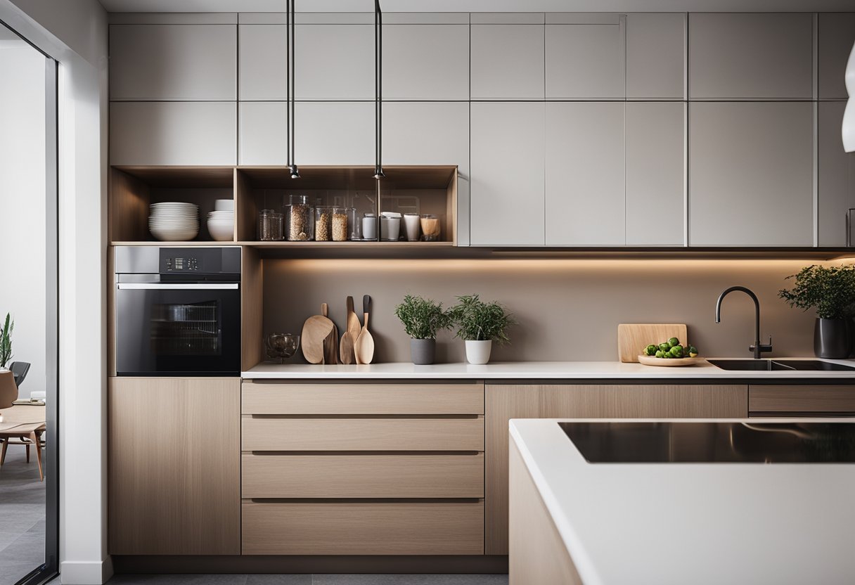 A modern kitchen with sleek, organized cabinets showcasing stylish storage solutions