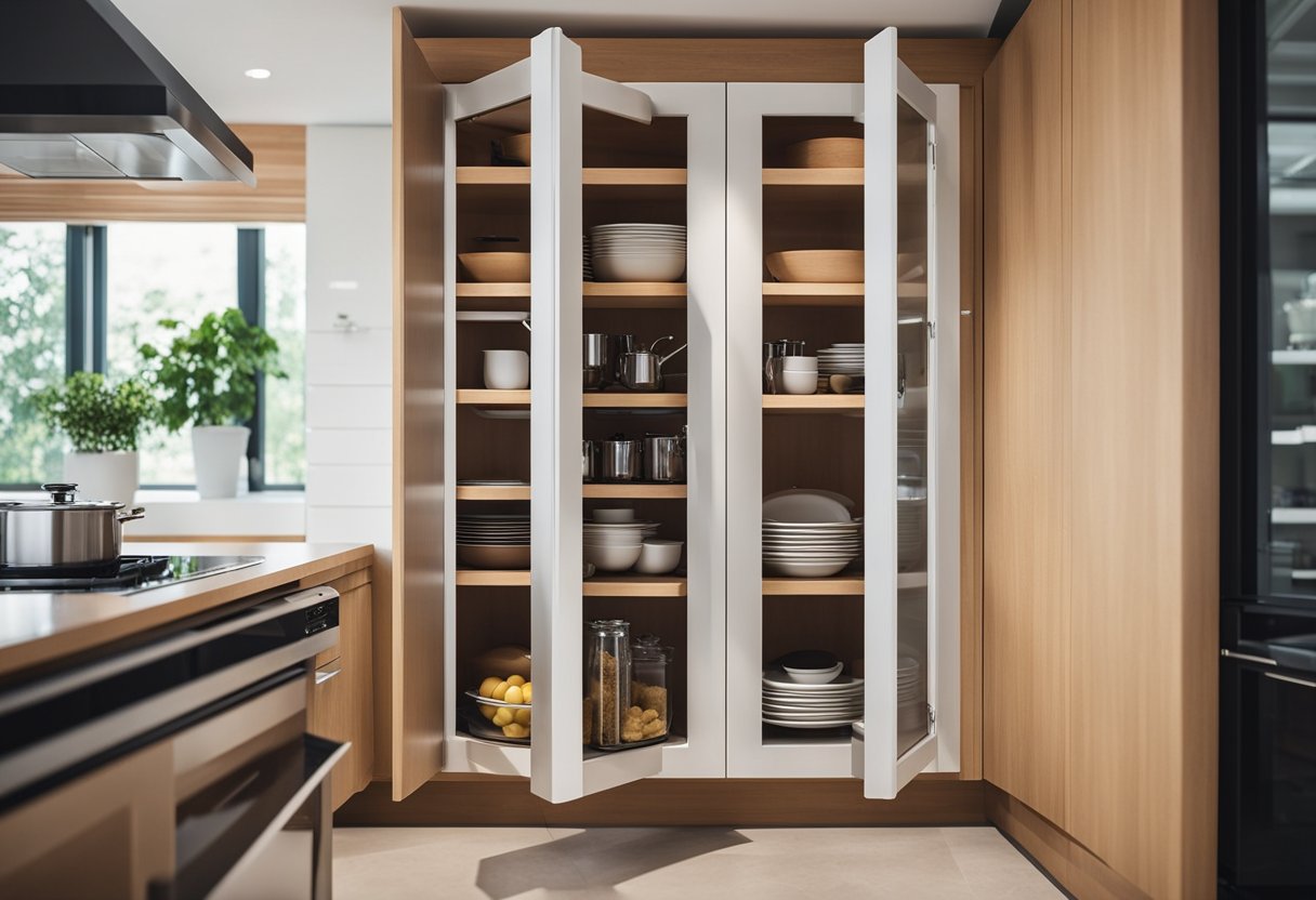A kitchen corner cabinet with open doors, showcasing organized shelves and compartments for easy access to frequently used items