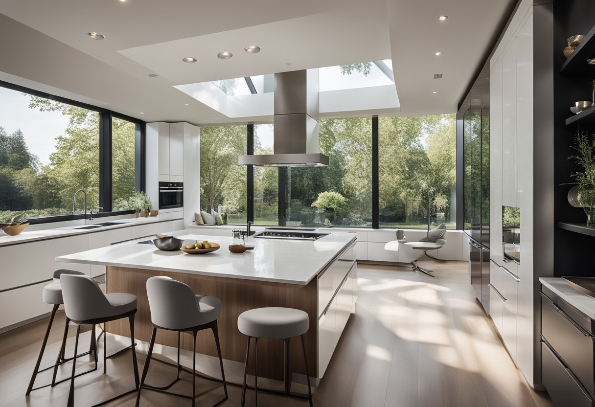 A modern kitchen with sleek, minimalist cabinets, high-tech appliances, and a large central island. The space is flooded with natural light from floor-to-ceiling windows, creating a bright and inviting atmosphere