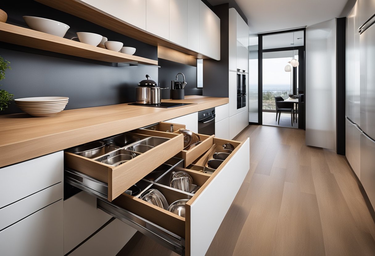 Various kitchen cabinet storage solutions showcased in a modern kitchen setting. Shelves, pull-out drawers, and organizers maximize space and functionality