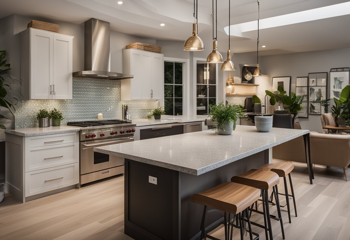 A modern kitchen with sleek countertops, hanging pendant lights, and a large island. A laptop sits open on the island, displaying a blog titled "Frequently Asked Questions Kitchen Design."