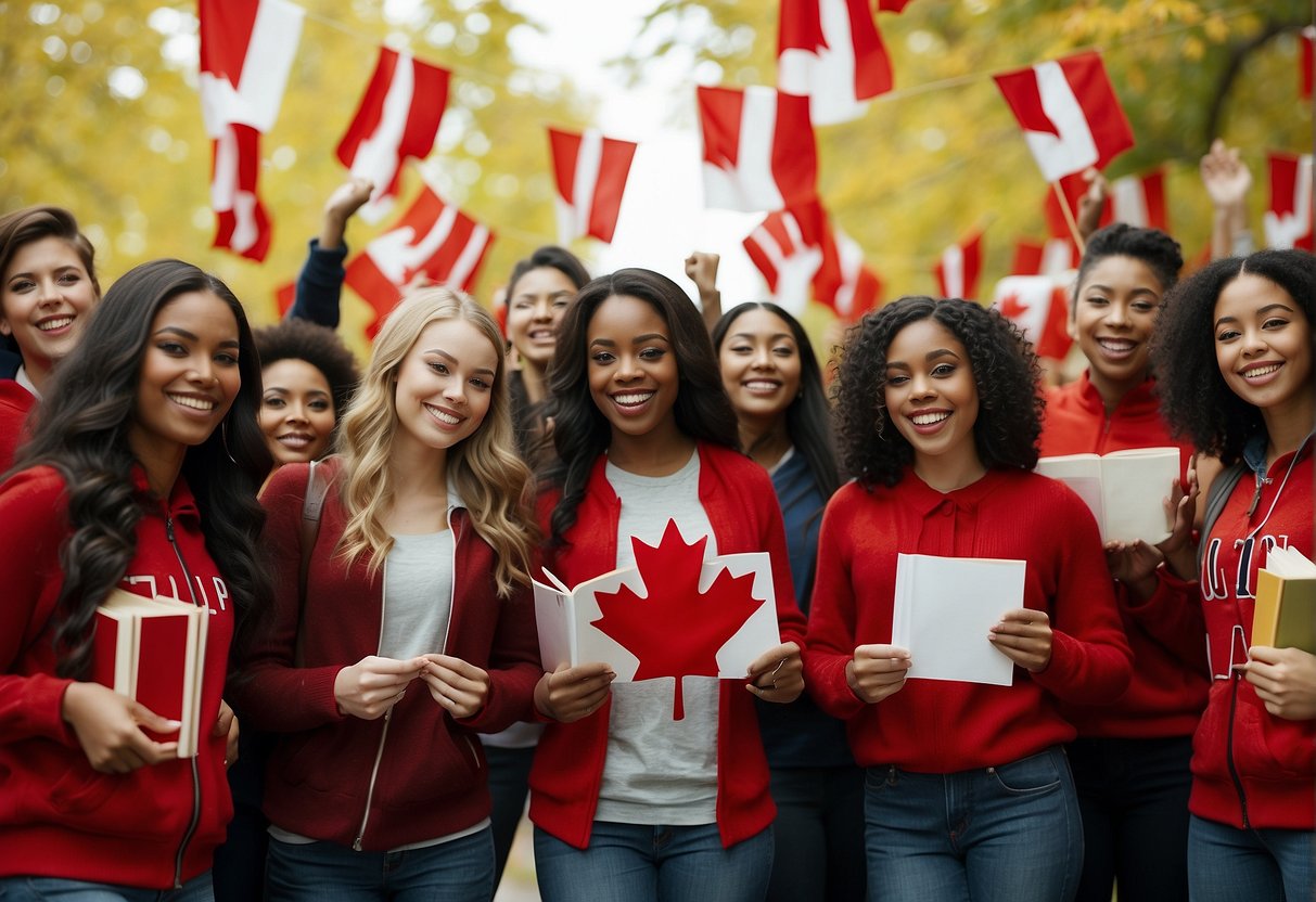 A group of diverse students celebrating with Canadian flags and books, surrounded by scholarship award letters and a maple leaf backdrop