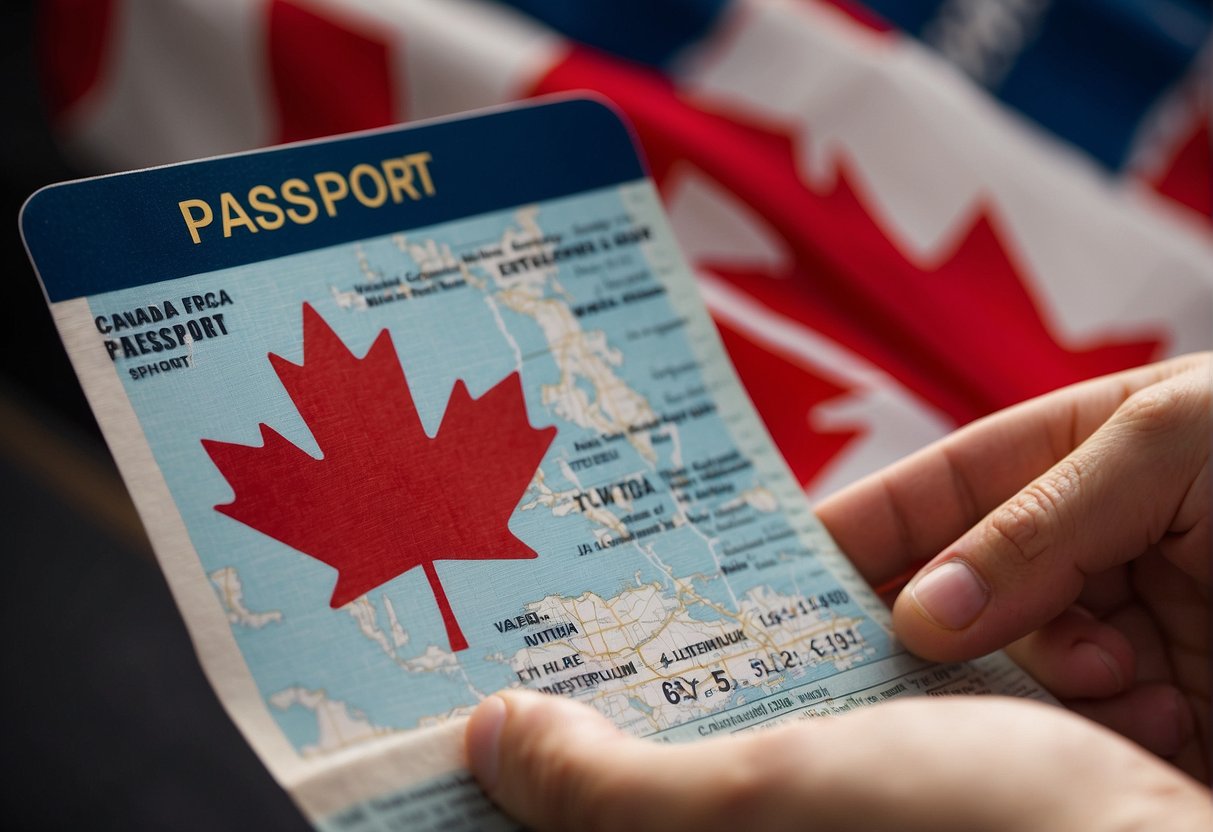 A student holding a Canadian flag and a passport, with a map of Canada in the background, and a visa stamp on the passport page