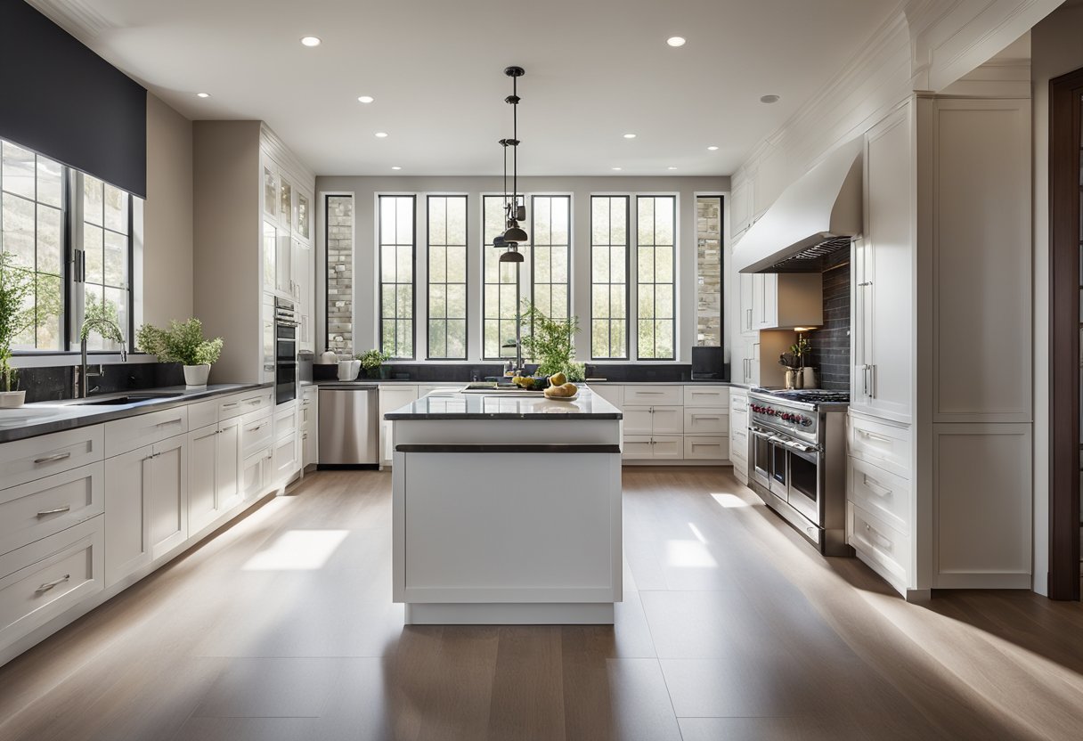 A modern kitchen with sleek cabinets, stainless steel appliances, and a large island with a marble countertop. The space is filled with natural light from a large window and accented with pendant lighting