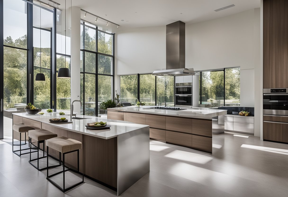 A modern kitchen with sleek countertops, stainless steel appliances, and a large island with barstools. The natural light floods in through the windows, highlighting the clean lines and minimalist design