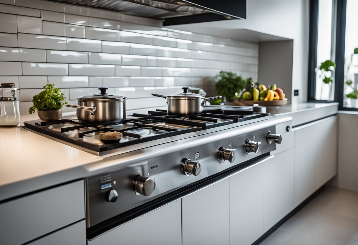 A sleek stainless steel gas table with four burners and a modern design, set against a backdrop of clean, white kitchen tiles