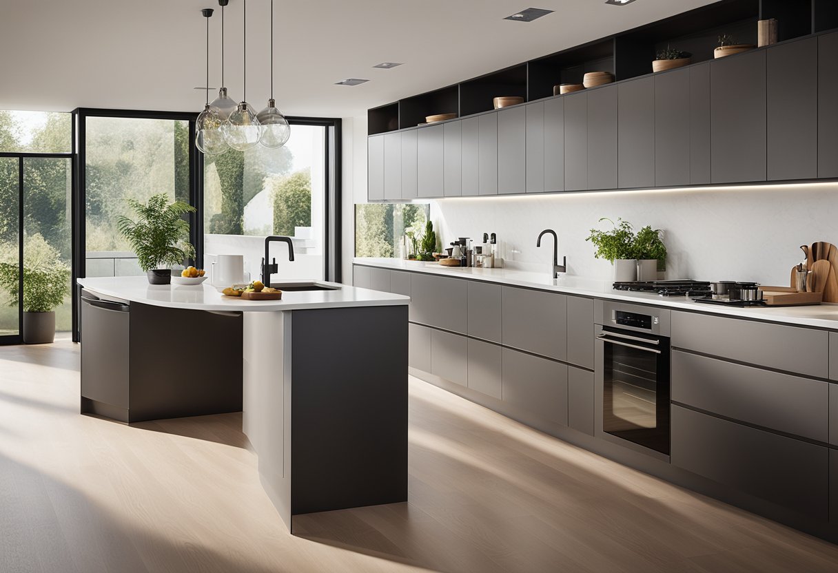 A spacious, modern kitchen with sleek countertops, ample storage, and high-end appliances. Natural light floods the room, highlighting the clean lines and minimalist design