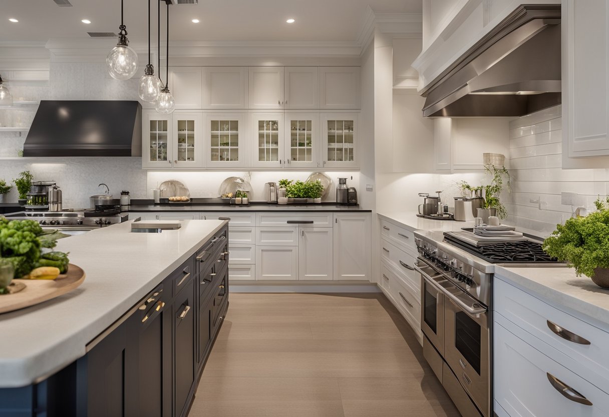 A kitchen with a spacious and efficient layout, featuring an island or peninsula, ample storage, and a clear flow between cooking, prep, and dining areas