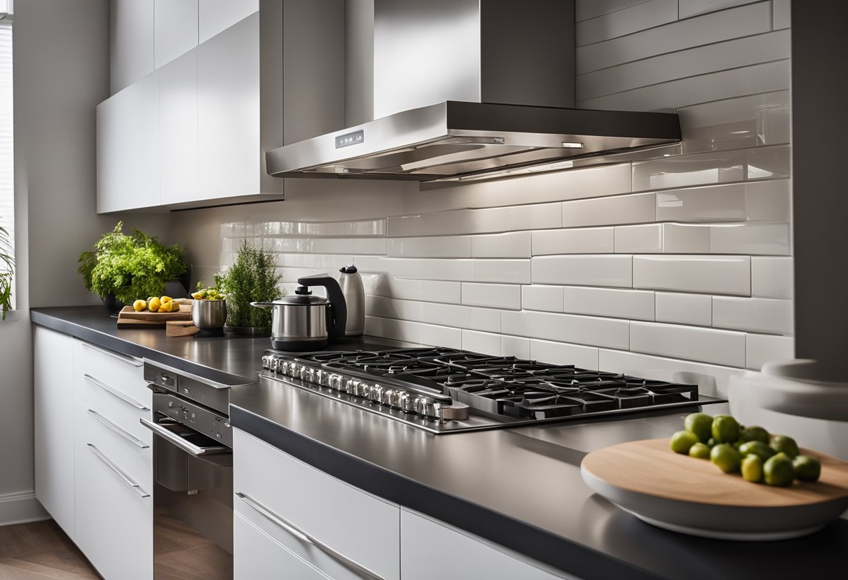 A modern kitchen with a sleek gas table integrated seamlessly into the countertop, surrounded by stainless steel appliances and ample cabinet storage