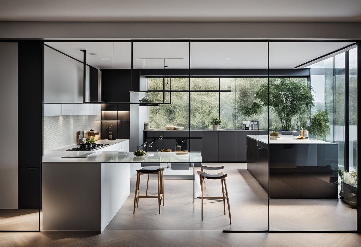 A modern kitchen with a sleek, glass partition separating the cooking area from the dining space. The partition features a minimalist design with clean lines and frosted glass for privacy