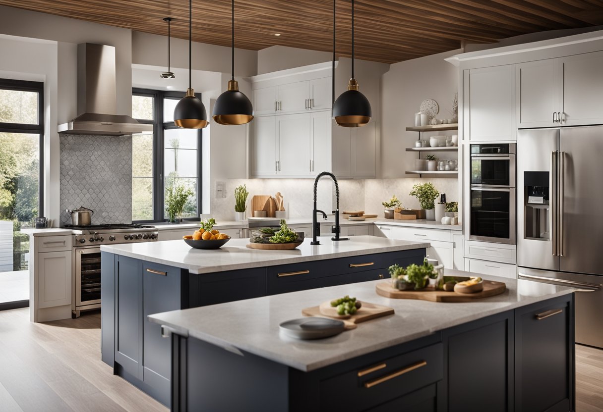A busy kitchen with modern appliances and stylish design elements. A large island with seating, sleek countertops, and ample storage space
