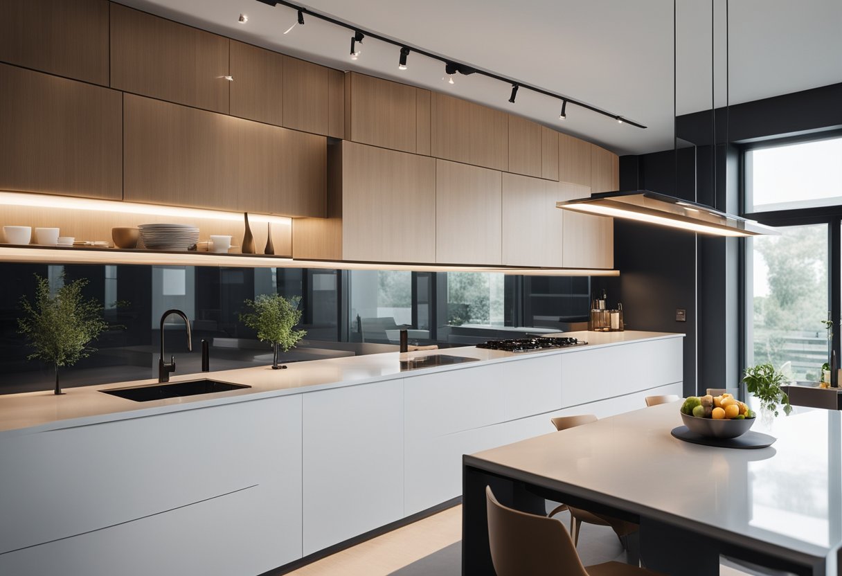 A modern kitchen with sleek glass partitions, allowing natural light to flow through the space. A minimalist design with clean lines and an open concept layout