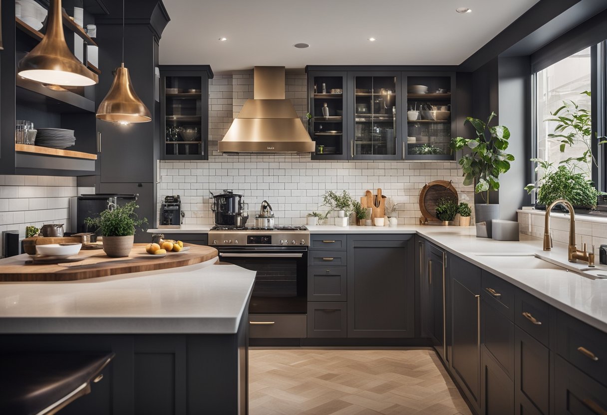A designer chooses kitchen features and appliances, surrounded by cabinets and countertops