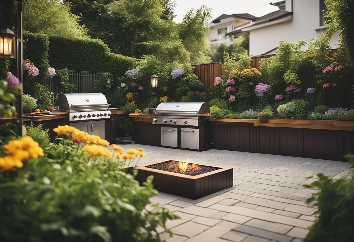 A spacious kitchen yard with a raised garden bed, a cozy seating area, and a built-in BBQ grill surrounded by lush greenery and colorful flowers