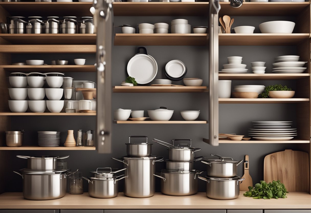 A well-organized kitchen store room with shelves, labeled containers, hanging pots, and pans, neatly arranged utensils, and a clean, spacious layout