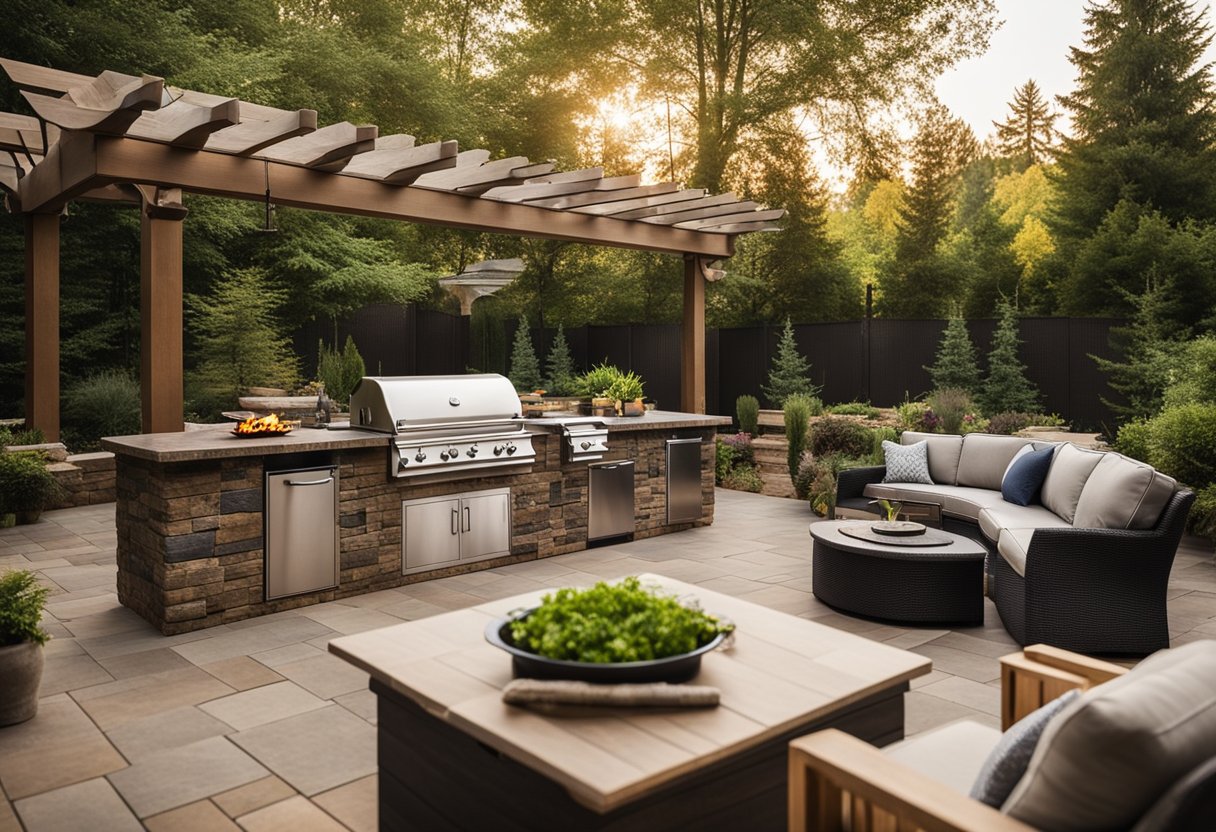 A spacious outdoor kitchen with a large grill, stone countertops, and plenty of seating, surrounded by lush landscaping and a cozy fire pit