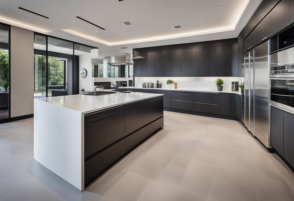 A sleek, modern kitchen with clean lines and minimalistic design. The linear layout features sleek countertops, glossy cabinets, and stainless steel appliances