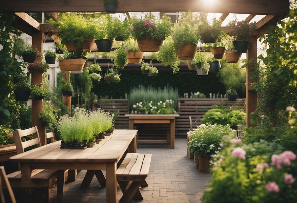 Lush garden with blooming flowers, herbs, and vegetables. Wooden raised beds, trellises, and hanging planters. A cozy seating area with a rustic table and chairs