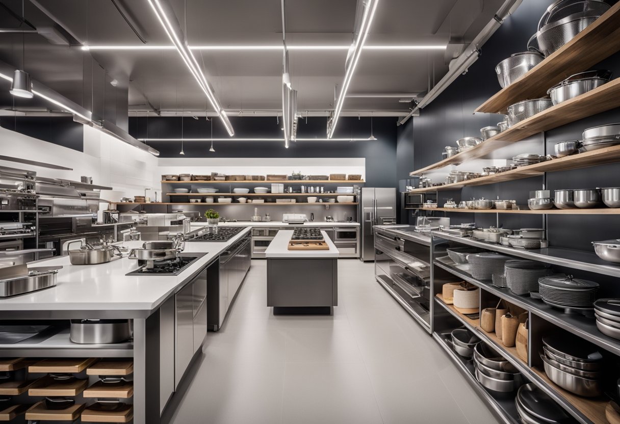 The kitchen store room is organized with shelves of neatly stacked cookware and appliances. A large central island provides ample workspace for demonstrations and customer interaction. The space is bright and inviting, with a clean and modern design
