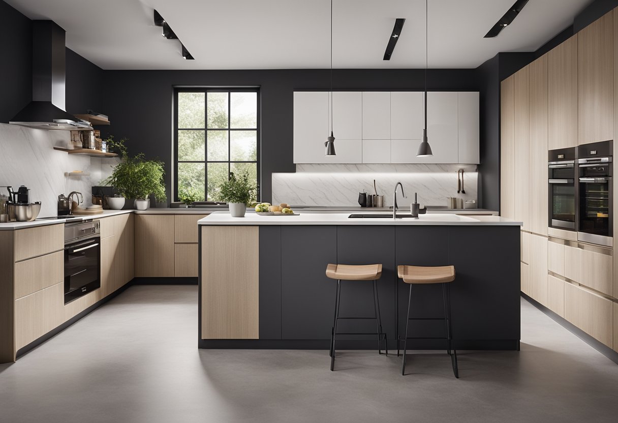 A sleek, modern kitchen with clean lines, minimalistic cabinets, and integrated appliances. The space is organized and efficient, with a focus on functionality and simplicity
