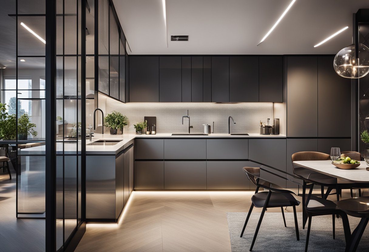 A modern kitchen with a sleek, transparent partition separating the cooking area from the dining space. The partition features geometric patterns and integrated lighting for a contemporary look