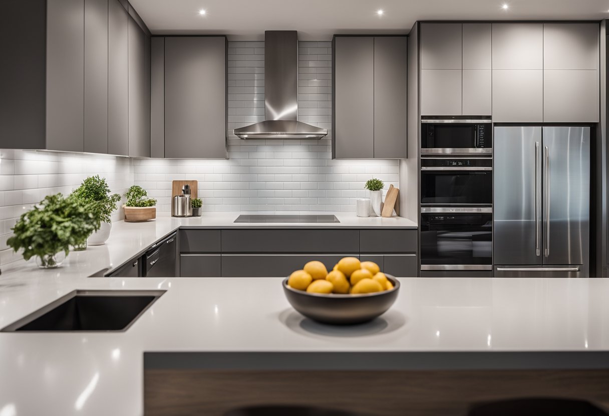 A sleek, modern kitchen with clean lines and minimalistic features. Stainless steel appliances, straight countertops, and simple cabinet handles